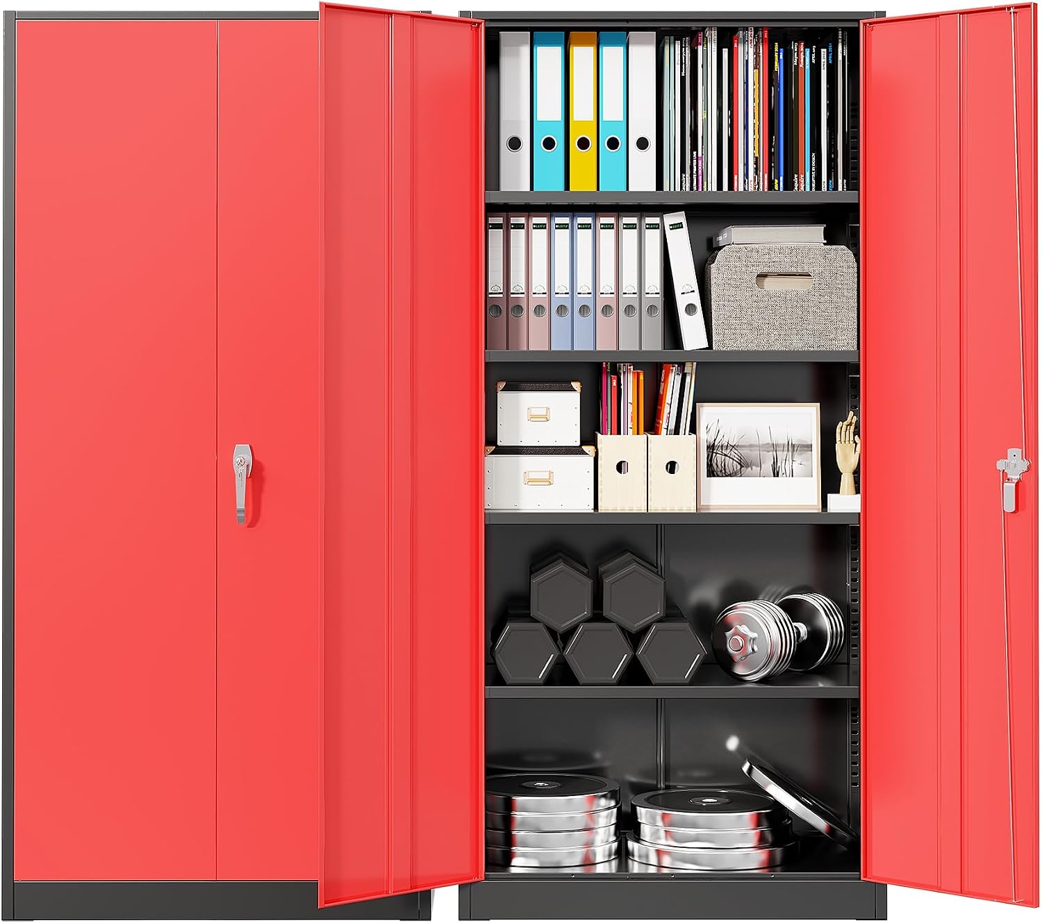 Office Storage Cabinet - 頑丈な金属製ガレージ収納キャビネット、スチール製ロック式ユーティリティクローゼット、2つのドアと5つの調整可能な棚付き、家庭、オフィス、作業場の工具整理用、黒色