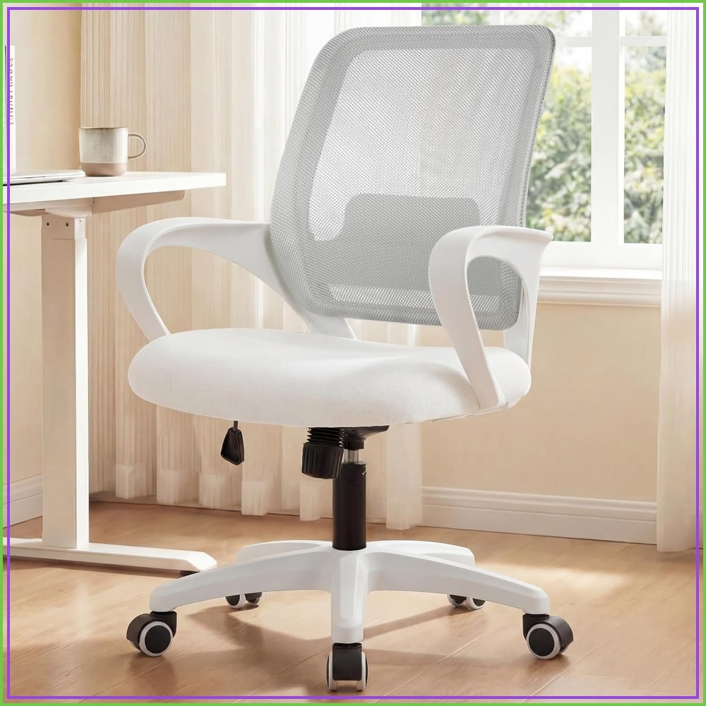 Task Chair Mid Back - 人間工学に基づいたオフィスデスクチェア、ランバーサポート付き、高さ調節可能、回転式ローリングホイール、ミッドバックメッシュシート、家庭用タスクバニティスタディベッドルーム用、アイボリーホワイトフレーム