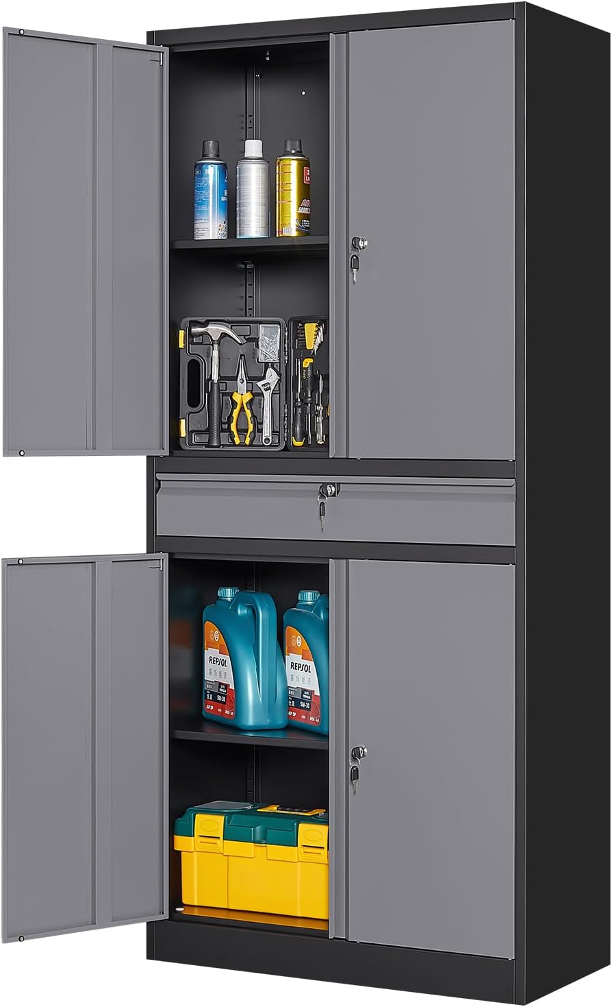 Office Storage Cabinet - 金属製ガレージ収納キャビネット、オフィス倉庫用ロック付き扉と引き出し、調節可能な棚付きの背の高いスチール製ツールオーガナイザー食器棚、グレーブラック