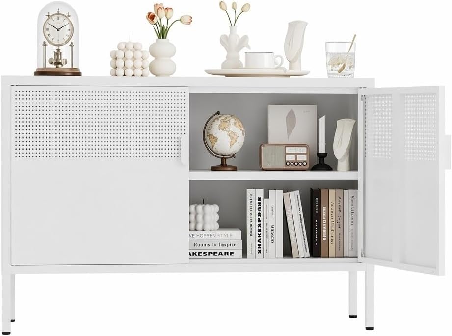 Office Storage Cabinet - 金属製収納キャビネット 2ドアテレビスタンド メタルメッシュアクセントキャビネット マグネット開閉式 ローバフェットサイドボード 調節可能な棚付き