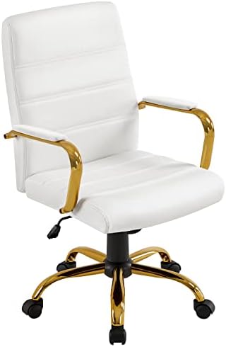 Task Chair Mid Back - ミッドバックオフィスチェア PUレザーデスクチェア 調節可能なエグゼクティブタスクチェア 腰部サポート付き ゴールドレッグ ホワイトシート