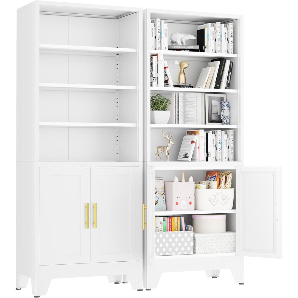 Office Storage Cabinet - 71インチの背の高い白い金属製本棚、2つのドアと4つの調節可能な棚付き、リビングルーム、寝室、オフィス用の収納キャビネット