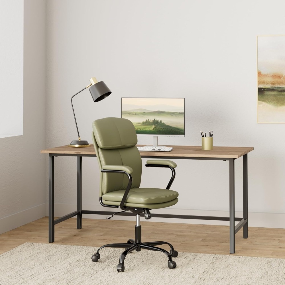 Task Chair Mid Back - 調節可能なロッキングスイベルコンピューターチェア、ホームオフィスチェア、モダンな布張りのミッドバックPUレザータスクデスクチェア、アーム付き