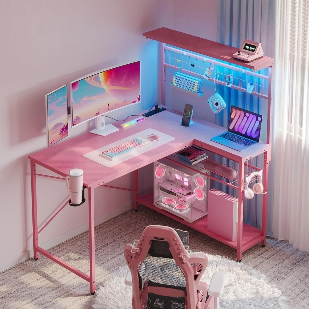 Office Furniture Wholesale - 42Lゲーミングデスク、電源コンセント付きコンピューターデスク、LEDライト、4段棚付きリバーシブルコーナーデスク、カップホルダー、カスタマイズ可能