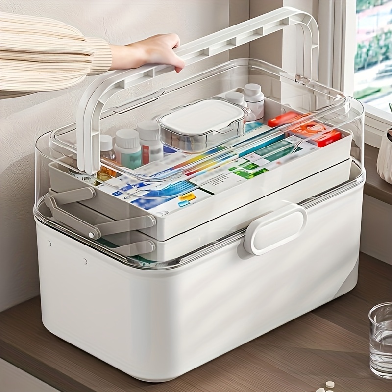 Office Storage Cabinet - 大容量透明蓋付き薬収納ボックス/ディスペンサーボックス - プラスチック製薬品収納キャビネット、家庭、オフィス、キッチン、バスルーム、寝室用多目的オーガナイザーボックス - 薬や事務用品用の省スペースカウンタートップオーガナイザー -