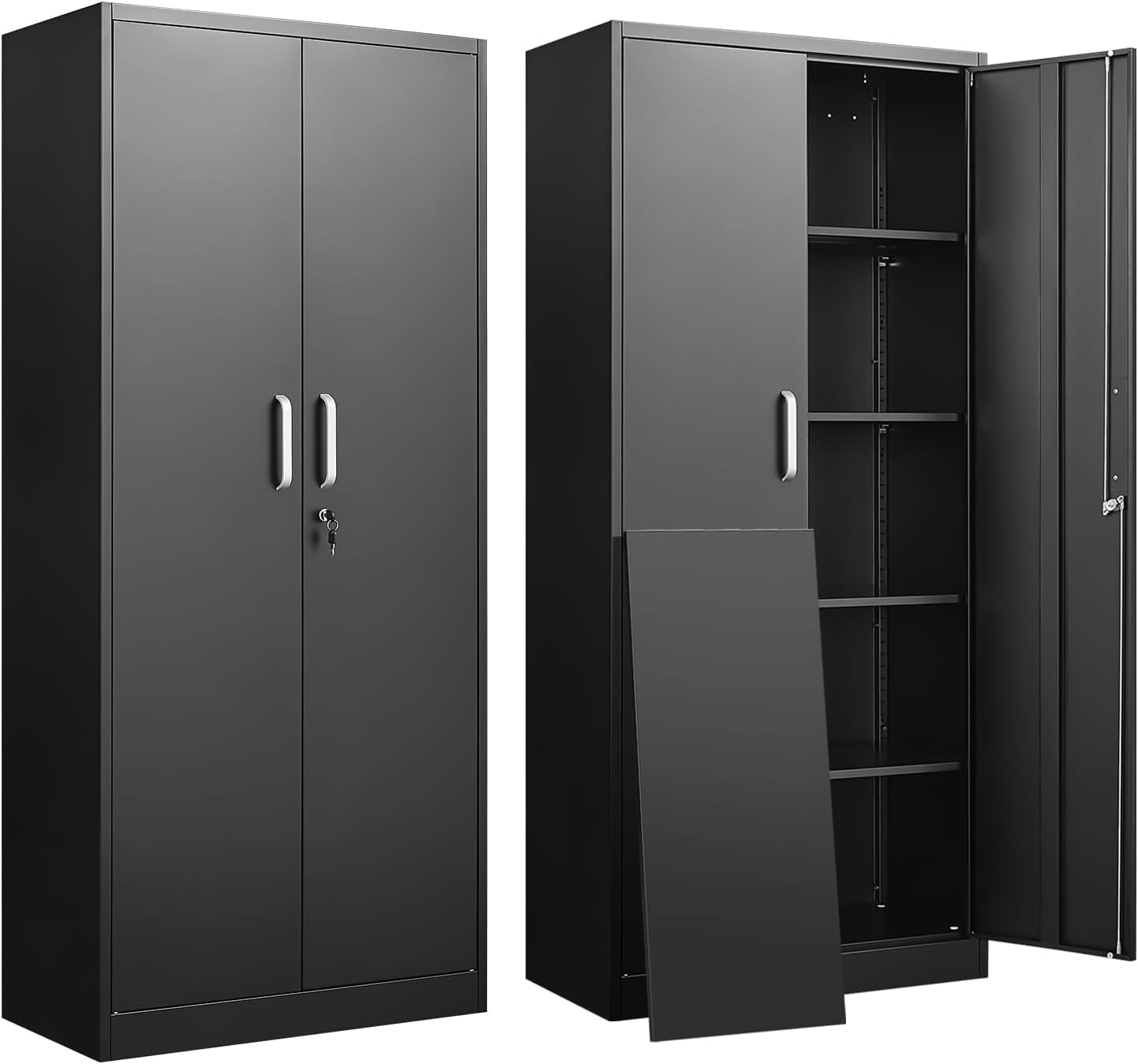 Office Storage Cabinet - 調節可能な棚付き金属製収納キャビネット ドアと棚付きの黒いガレージキャビネット ホームオフィス用の大容量ファイルラック 背の高いキッチンパントリーロッカー ユーティリティ収納オーガナイザー