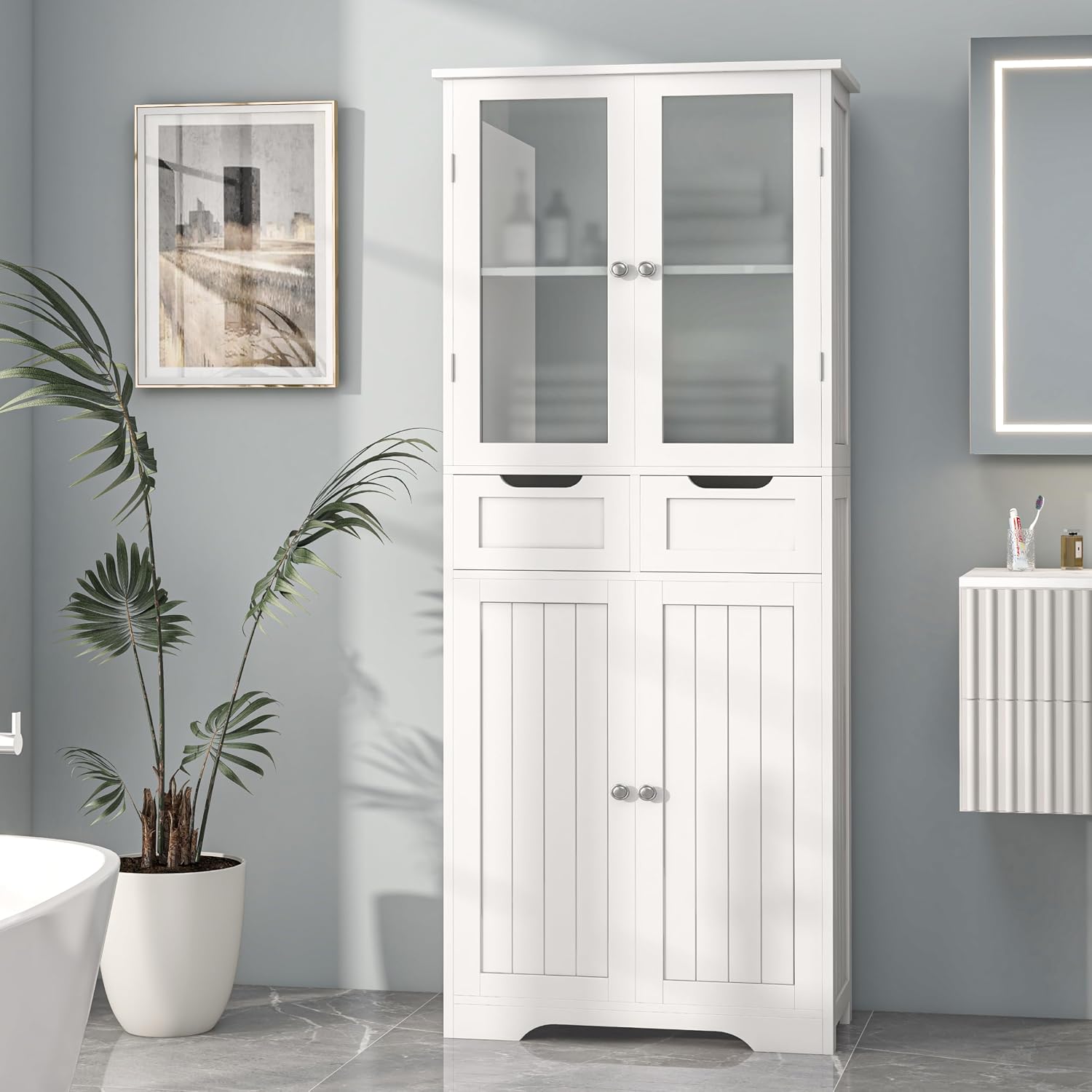 Office Storage Cabinet - 背の高いバスルーム収納キャビネット、ガラス扉付き自立型バスルームキャビネット、棚付き大型バスルームキャビネットフレーム、引き出し付き、リビングルーム、ダイニングルーム、オフィス用、ホワイト