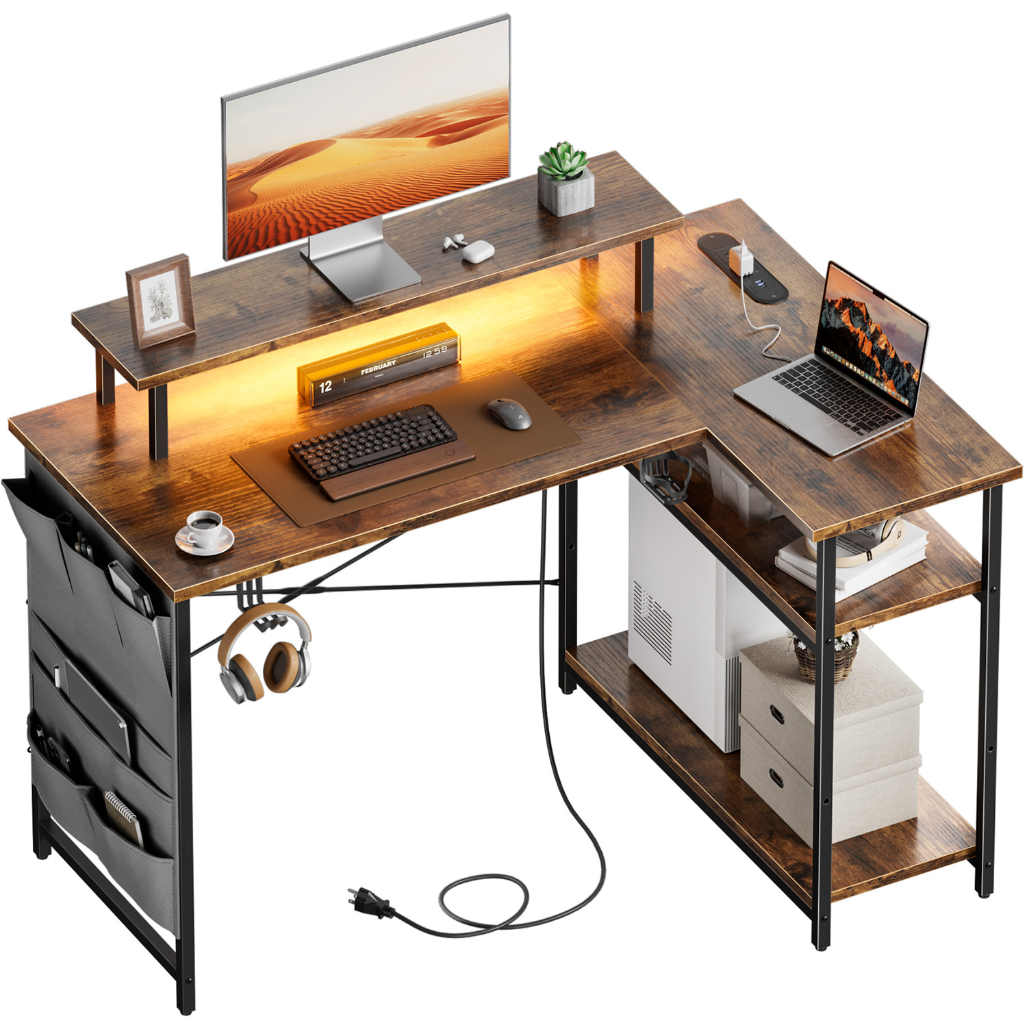 L字型のコンピューターデスク。電源コンセントとLED照明、人 - Office Furniture Wholesale のレビューと価格