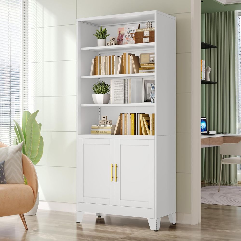 71インチの背の高い白い金属製本棚、2つのドアと4つの調節可 - Office Storage Cabinet のレビューと価格