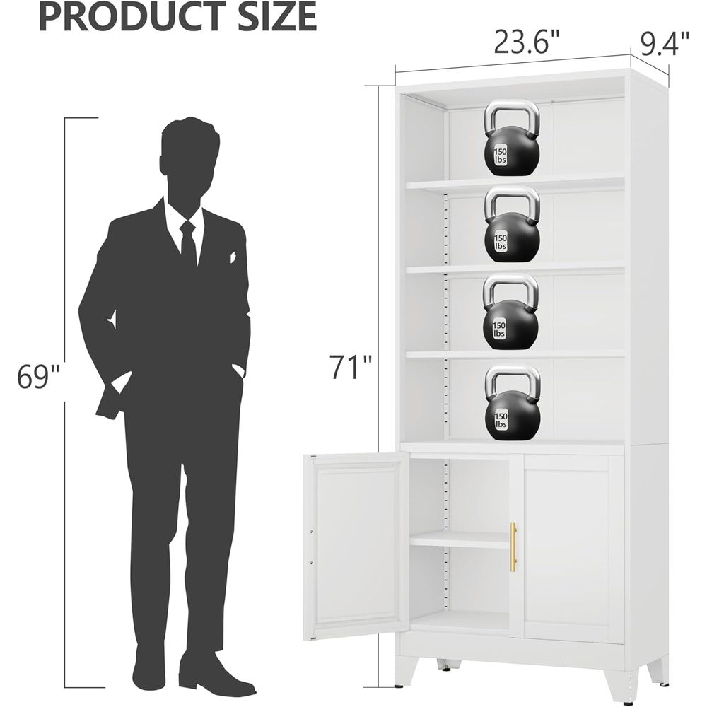 71インチの背の高い白い金属製本棚、2つのドアと4つの調節可 - Office Storage Cabinet のレビューと価格