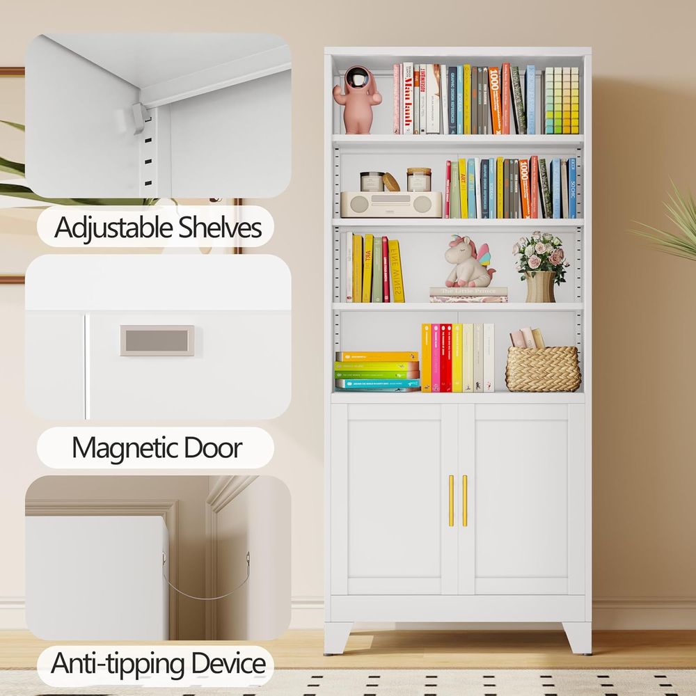 71インチの背の高い白い金属製本棚、2つのドアと4つの調節可 - Office Storage Cabinet のレビューと価格