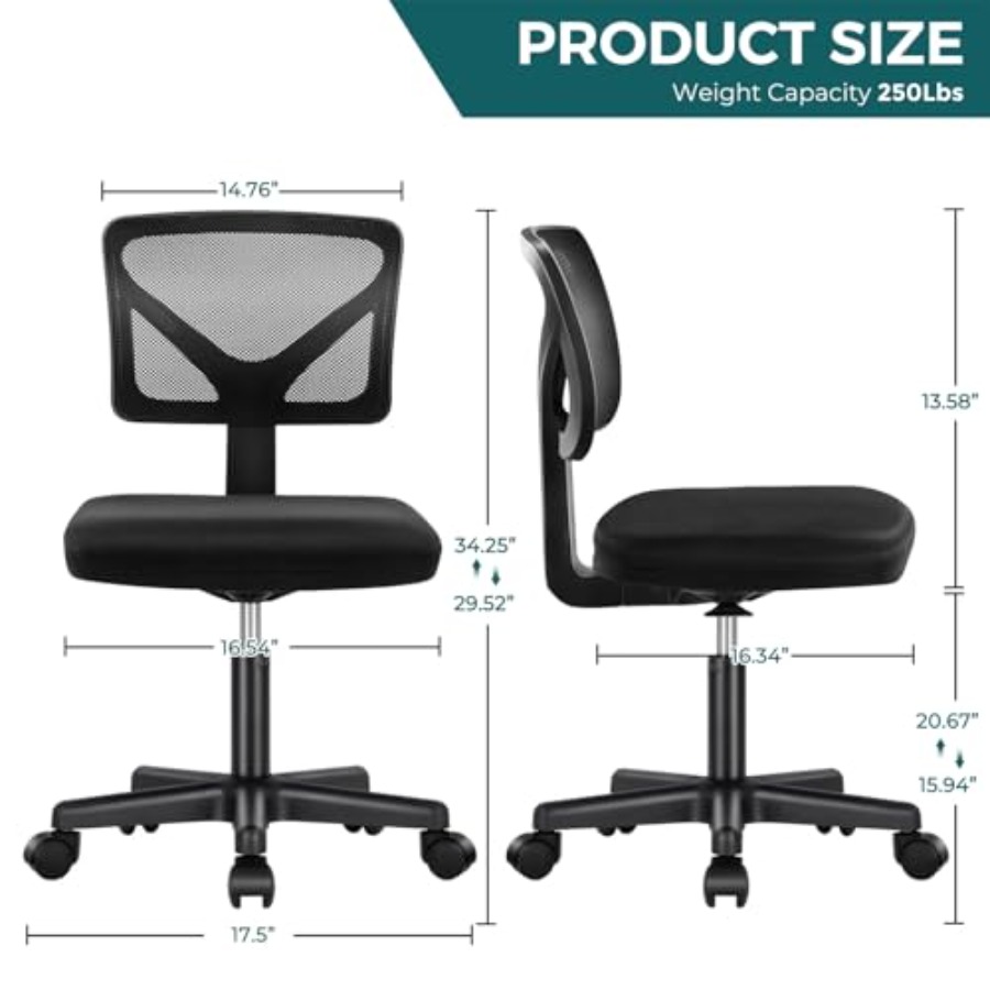 小型オフィスチェア アームレス、人間工学に基づいた調節可能な - Task Chair Mid Back のレビューと価格