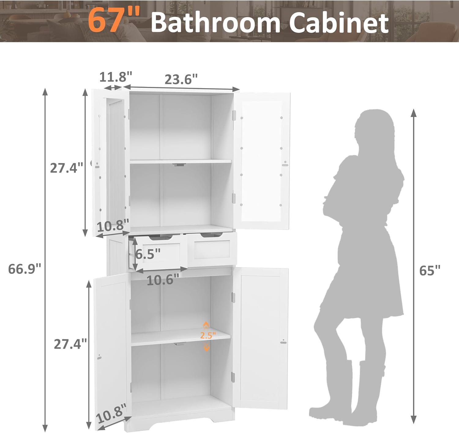 背の高いバスルーム収納キャビネット、ガラス扉付き自立型バスル - Office Storage Cabinet のレビューと価格